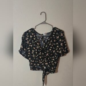 Orange Kiss Floral Cottagecore Boho Tie Back Crop Top Size S
